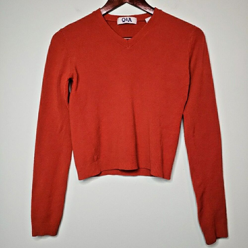 Womens V-Neck Cropped Sweater Size Small Orange Stretch Acrylic Fall Long Sleeve
